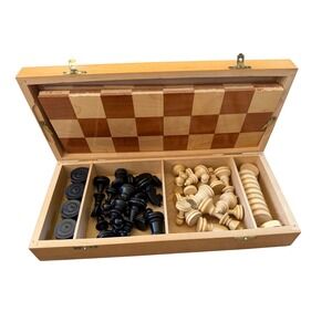 Vintage West Germany Wooden Chess and Checkers Set Cherub Box Game Board